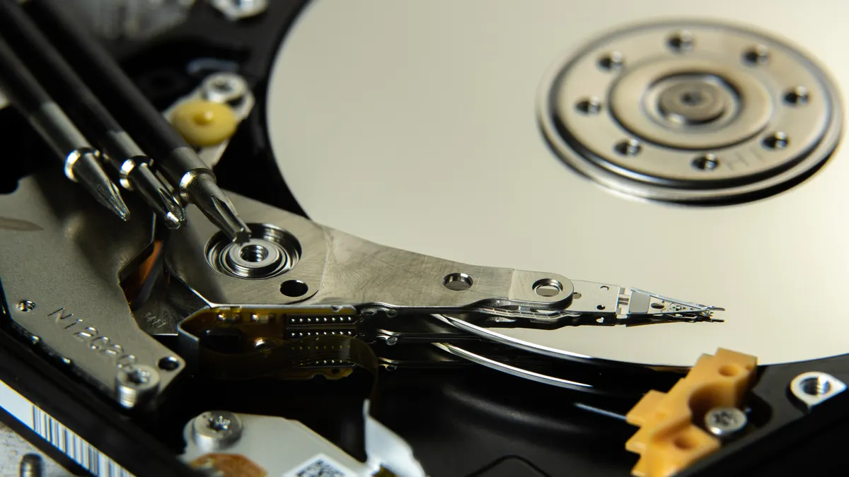 close-up of an open hard disk drive mechanism